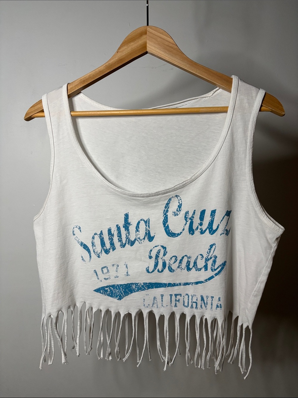 Vintage White Fringe Crop Tank Top with Blue Santa Cruz Graphic